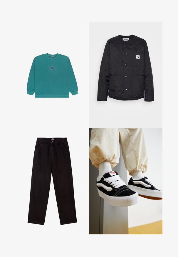 Must mustriga jakk ümmarguse kaelusega, nööbiga kinnitused ja kaks esipocketit. Loodud väikese logo plaastriga rinnapocketil.; Teal värvi puuvillane sweatshirt, millel on ümmargune kaelus ja ribikätised. Keskel lillat ja musta värvi rombikujuline logo.; Mustmustest musta sirge säärega püksid klassikalise viie taskuga disainiga, millel on nupukinnitus ja peened õmblusdetailid.; Isik, kes kannab mustvalgeid Vansi tossusid valgete paelte, valgete sokkide ja beežide elastsete mansettidega pükstega.