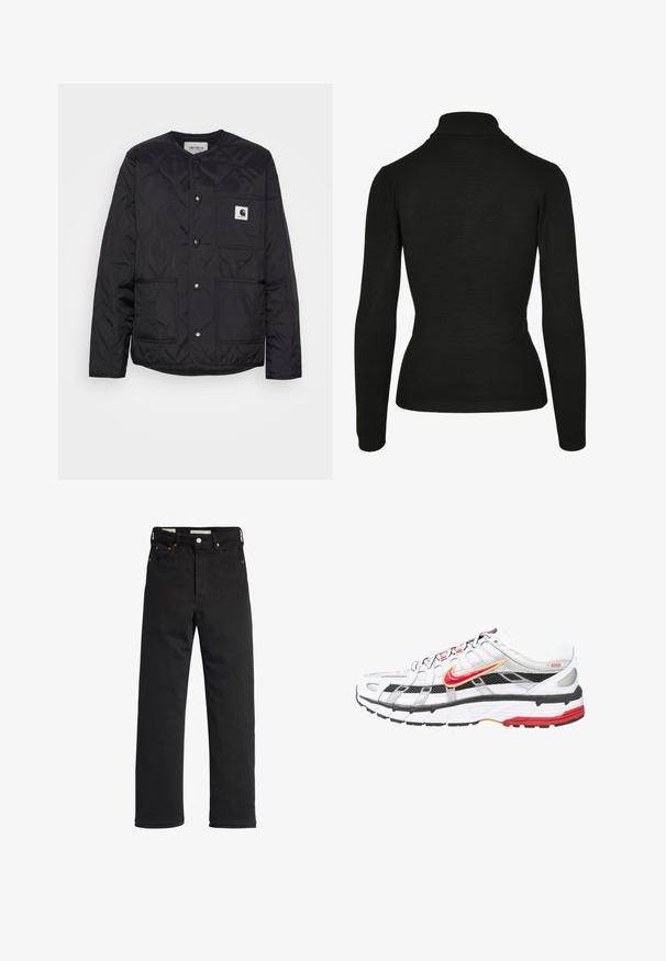 Sort quiltet jakke med rund hals, trykknaplukninger og to forlommer. Har en lille logo-patch på brystlommen.; Sort turtleneck sweater lavet af blødt stof, med lange ærmer, ribbet hals og en tætsiddende design med minimal detaljer.; Sorte denim jeans med lige ben, der har en høj talje, fem-lomme design, metal knaplukning og minimale syninger.; Hvide og sorte atletiske sko med røde og gyldne accenter. Har en mesh-overdel, polstret sål og et sikkert snøredesign.