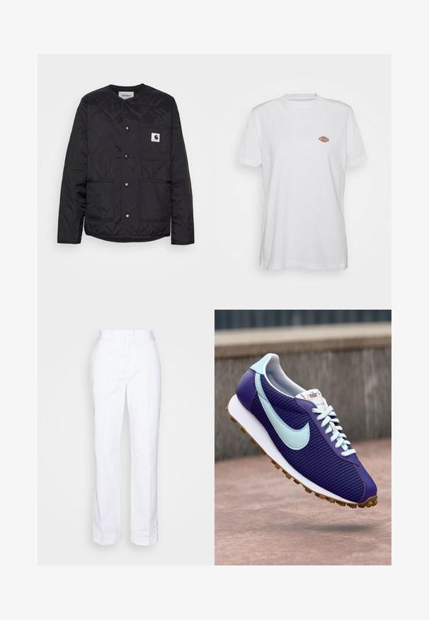 Chaqueta negra acolchada con cuello redondo, cierres a presión y dos bolsillos frontales. Cuenta con un pequeño parche de logo en el bolsillo del pecho.; Camiseta de algodón blanca con cuello redondo y mangas cortas, que presenta un pequeño logotipo colorido de "Diesel" bordado en el pecho.; Pantalones blancos de pierna recta confeccionados en algodón. Presentan un corte plano en la parte delantera, trabillas para cinturón y sin bolsillos visibles. Textura suave y diseño minimalista.; Zapatilla Nike morada con swoosh azul claro, cordones blancos y suela de goma, mostrada flotando sobre una superficie de concreto al aire libre.