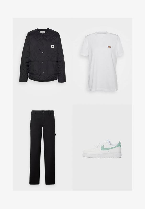 Chaqueta negra acolchada con cuello redondo, cierres a presión y dos bolsillos frontales. Cuenta con un pequeño parche de logo en el bolsillo del pecho.; Camiseta de algodón blanca con cuello redondo y mangas cortas, que presenta un pequeño logotipo colorido de "Diesel" bordado en el pecho.; Pantalones negros de tela con una textura suave, diseñados con piernas rectas, cierre de botón y un bolsillo lateral.; Zapatillas de cuero blancas con un swoosh de Nike y una lengüeta en verde menta, suela texturizada y diseño clásico de cordones.