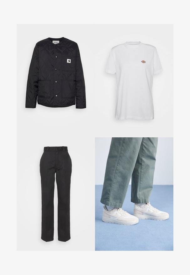 Chaqueta negra acolchada con cuello redondo, cierres a presión y dos bolsillos frontales. Cuenta con un pequeño parche de logo en el bolsillo del pecho.; Camiseta de algodón blanca con cuello redondo y mangas cortas, que presenta un pequeño logotipo colorido de "Diesel" bordado en el pecho.; Pantalones negros con una textura suave, diseño de pierna recta y cintura con cinturón. Presenta una silueta simple y clásica sin patrones adicionales.; Zapatillas deportivas blancas con un upper de cuero texturizado y malla, que presentan una silueta clásica, puntera perforada y diseño de cordones.