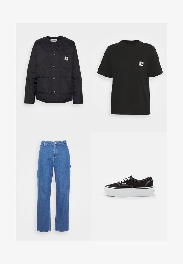 Sort quiltet jakke med rund hals, trykknaplukninger og to forlommer. Har en lille logo-patch på brystlommen.; Sort bomulds T-shirt med korte ærmer, rund halsudskæring og en lomme foran med et firkantet logo i hvid og sort.; Blå denim bukser med høj talje og lige ben, der har en frontknaplukning og sidelommer. Glat tekstur uden synlige mønstre.; Sort lærred sneakers med en hvid gummi platform sål, der har hvide snørebånd og syninger, ikonisk branding på siden, lav-top design.