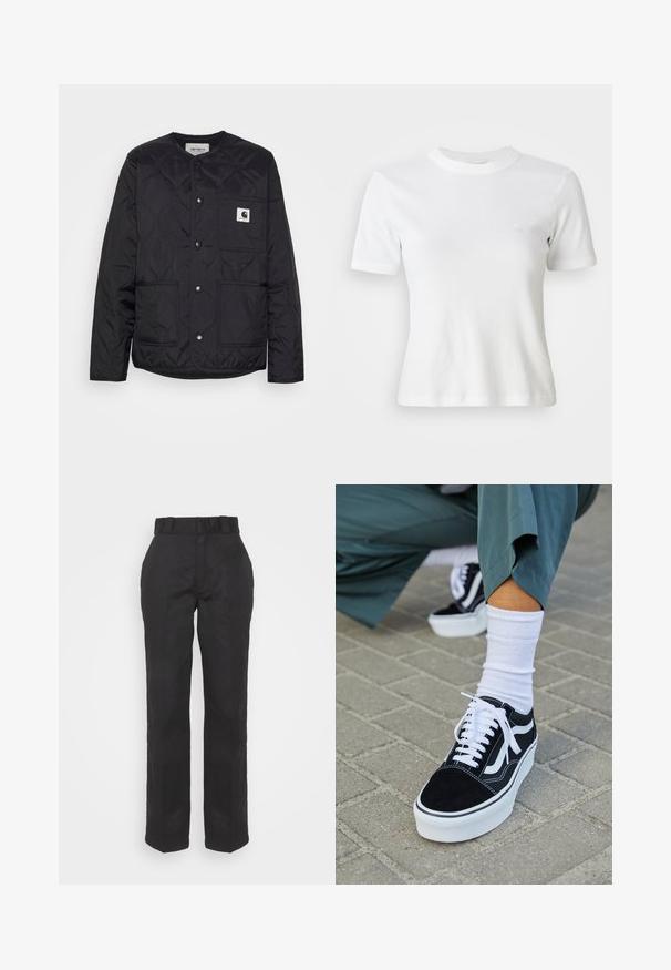 Chaqueta negra acolchada con cuello redondo, cierres a presión y dos bolsillos frontales. Cuenta con un pequeño parche de logo en el bolsillo del pecho.; Camiseta blanca de manga corta con canalé, escote redondo y un pequeño logo en el pecho. Fabricada con una tela suave y con un diseño ajustado.; Pantalones negros con una textura suave, diseño de pierna recta y cintura con cinturón. Presenta una silueta simple y clásica sin patrones adicionales.; Zapatillas de ante negro con acentos y cordones blancos, que cuentan con una gruesa suela blanca y costuras en contraste, combinadas con un calcetín blanco.