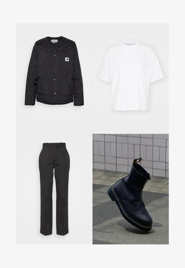 Chaqueta negra acolchada con cuello redondo, cierres a presión y dos bolsillos frontales. Cuenta con un pequeño parche de logo en el bolsillo del pecho.; Camiseta de algodón blanca con cuello redondo, mangas cortas y un corte relajado. Presenta un logo sutil en el área del pecho izquierdo. Textura suave.; Pantalones negros con una textura suave, diseño de pierna recta y cintura con cinturón. Presenta una silueta simple y clásica sin patrones adicionales.; Bota de tobillo de cuero negro con cremallera lateral, superficie texturizada, detalles de costura amarilla y suela de goma.
