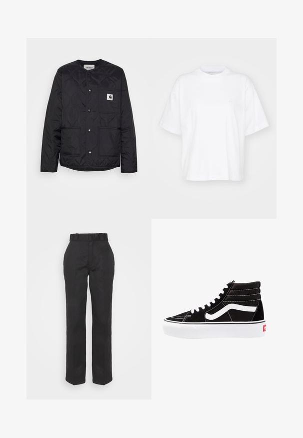 Veste matelassée noire avec un col rond, des fermetures à pression et deux poches avant. Présente un petit patch logo sur la poche de la poitrine.; T-shirt en coton blanc avec un col rond, des manches courtes et une coupe décontractée. Présente un logo discret sur la zone gauche de la poitrine. Texture lisse.; Pantalons noirs avec une texture lisse, un design à jambe droite et une taille ceinturée. Présente une silhouette simple et classique sans motifs supplémentaires.; Baskets montantes noires avec des lacets blancs, un logo blanc et des coutures blanches contrastées. Dotées d'une épaisse semelle blanche et d'un dessus en daim texturé.