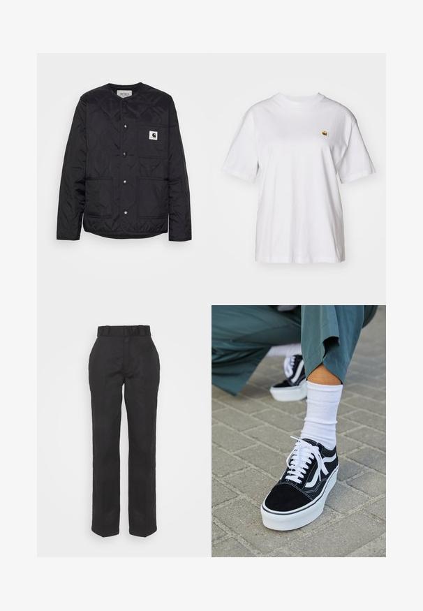 Chaqueta negra acolchada con cuello redondo, cierres a presión y dos bolsillos frontales. Cuenta con un pequeño parche de logo en el bolsillo del pecho.; Camisa de algodón blanca con corte relajado, mangas cortas y un pequeño logotipo bordado en el área del pecho izquierdo.; Pantalones negros con una textura suave, diseño de pierna recta y cintura con cinturón. Presenta una silueta simple y clásica sin patrones adicionales.; Zapatillas de ante negro con acentos y cordones blancos, que cuentan con una gruesa suela blanca y costuras en contraste, combinadas con un calcetín blanco.