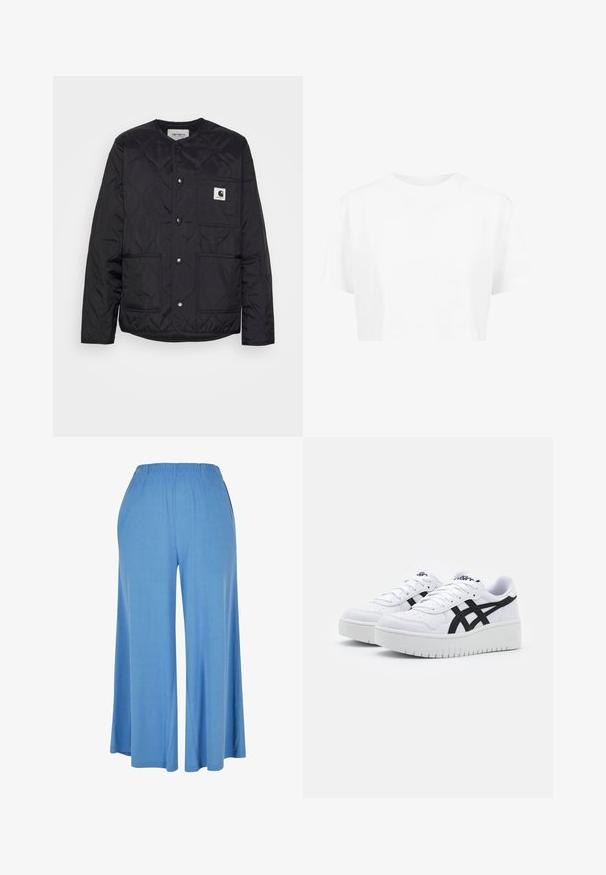Schwarze gesteppte Jacke mit rundem Hals, Druckknopfverschlüssen und zwei vorderen Taschen. Verfügt über ein kleines Logopatch auf der Brusttasche.; Weißes, kurzes T-Shirt mit kurzen Ärmeln und rundem Halsausschnitt, aus glattem Stoff, ohne sichtbare Muster oder auffällige Hardware.; Hellblaue weit geschnittene Hose aus weichem Stoff, mit einem elastischen Bund und einem lockeren Schnitt, der bis zur Mitte der Wade reicht.; Weiße Sneaker mit einer strukturierten Oberfläche, schwarzen Seitenstreifen und einer dicken weißen Sohle. Verfügt über ein Schnürdesign und ein Logo auf der Zunge.