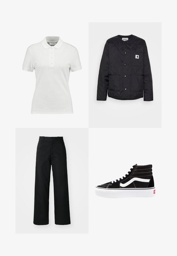 Sort quiltet jakke med rund hals, trykknaplukninger og to forlommer. Har en lille logo-patch på brystlommen.; Hvid polo-shirt lavet af tekstureret bomuld, med en klassisk krave, tre-knaps placket og et lille Lacoste-logo på brystet.; Sorte vide bukser med flad front, knaplukning og bæltestropper. Fremstillet af holdbart stof med en glat tekstur.; Sorte høj-top sneakers med hvide snørebånd, et hvidt logo og kontrasterende hvid syning. Har en tyk hvid sål og struktureret ruskindsoverdel.