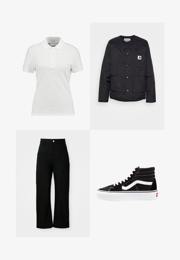 Veste matelassée noire avec un col rond, des fermetures à pression et deux poches avant. Présente un petit patch logo sur la poche de la poitrine.; Polo shirt blanc en coton texturé, avec un col classique, une patte de boutonnage à trois boutons et un petit logo Lacoste sur la poitrine.; Pantalons noirs taille haute, coupe droite avec poches avant, passants de ceinture et fermeture à bouton argenté sur un fond blanc.; Baskets montantes noires avec des lacets blancs, un logo blanc et des coutures blanches contrastées. Dotées d'une épaisse semelle blanche et d'un dessus en daim texturé.