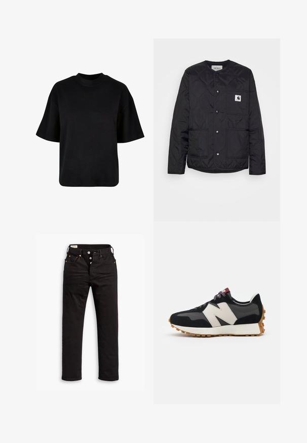Sort quiltet jakke med rund hals, trykknaplukninger og to forlommer. Har en lille logo-patch på brystlommen.; Sort bomulds t-shirt med høj hals, korte ærmer og en løs, boxy pasform uden synlige mønstre eller accenter.; Sorte lige jeans med knaplukning, front- og baglommer samt kobbernitte detaljer på en hvid baggrund.; Sort og grå ruskinds sneakers med et stort cremefarvet "N" logo, lilla snørebånd og en struktureret gummisål.