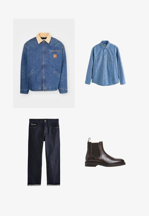 Chaqueta de mezclilla con un collar de color beige claro, cierre frontal con cremallera y dos bolsillos laterales. Presenta un pequeño parche de logo marrón en el pecho.; Camisa azul de chambray de manga larga con botones al frente y dos bolsillos en el pecho, desplegada sobre un fondo blanco.; Vaqueros de mezclilla azul oscuro con un ajuste recto clásico, que cuentan con cinco bolsillos, cierre de botones y puños doblados que muestran un forro azul claro.; Botín Chelsea de cuero marrón con paneles laterales elásticos, tirador en bucle y un tacón bajo apilado. Textura suave y silueta elegante.