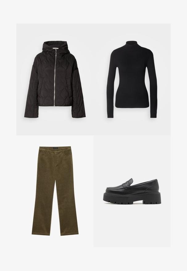 Sort quiltet jakke med hætte, udstyret med en frontlynlås og fyldig tekstur. Designet med en løs pasform og sidelommer.; Sort turtleneck sweater lavet af let strikket stof. Har lange ærmer, et tætsiddende design og en blød ribbet tekstur.; Olivengrønne fløjl bukser med flared ben, fem lommer, synlig syning og knaplukning i taljen for en sikker pasform.; Sorte læder loafers med en lav, grov gummi sål, syede detaljer på overdelen og en glat overflade.
