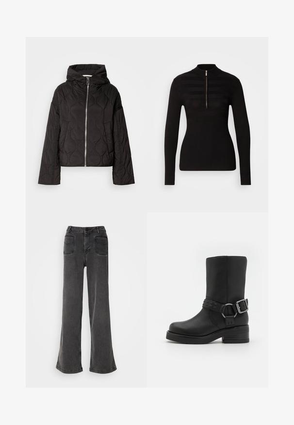 Sort quiltet jakke med hætte, udstyret med en frontlynlås og fyldig tekstur. Designet med en løs pasform og sidelommer.; Sort langærmet polo sweater med halvlukning, prydet med vandrette stribemønstre og ribbet tekstur ved ærmerne og kanten.; Høj talje, brede ben sorte jeans lavet af denim, med knaplukning, bæltestropper og to baglommer med syninger.; Sort læderankelstøvle med rund tå, tyk hæl og en dekorativ spænde-rem omkring anklen. Struktureret finish.