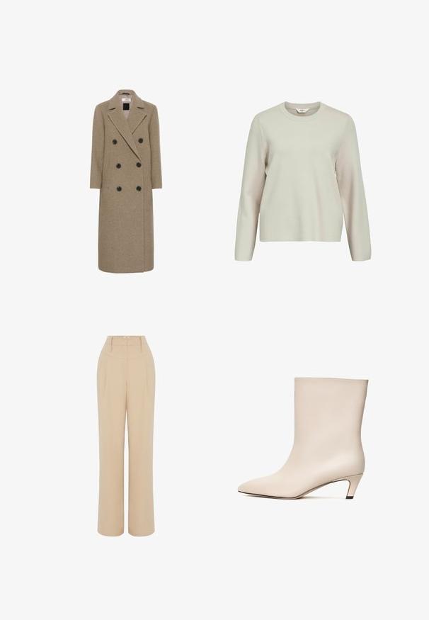 Dobbeltradet frakke i tan uldblanding, med seks sorte knapper, klapkrave og en lang, lige silhuet.; Lys beige langærmet sweater med rund hals. Lavet af struktureret strikmateriale, med let sænkede skuldre og afslappet pasform.; Beige vidde bukser med høj talje, der har forklaringer foran og bæltestropper. Glat stof med en skrædderlavet, lige pasform.; Beige læder ankelstøvle med spids tå og konisk hæl. Glat tekstur med minimal syning og en strømlinet silhuet.