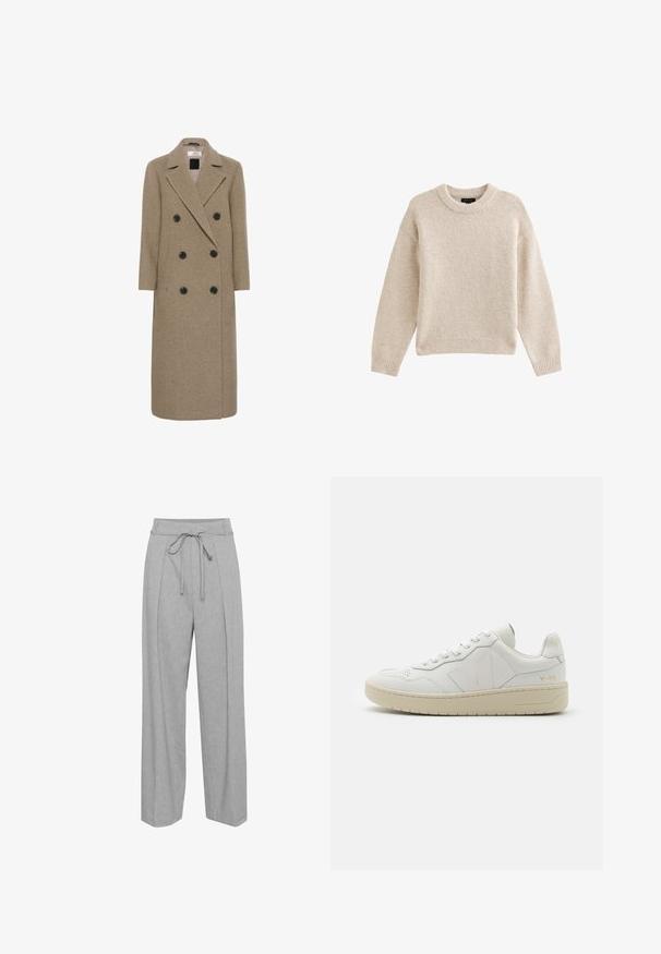 Doppelt knüpfter Übermantel aus beige Wolle-Mischung, mit sechs schwarzen Knöpfen, Reverskragen und einer langen, geraden Silhouette.; Beige gestrickter Pullover mit Rundhalsausschnitt, langen Ärmeln und geripptem Saum. Texturierter Stoff mit weicher Optik. Einfaches und vielseitiges Design.; Graue Leinen-Hose mit weitem Bein und hohem Bund, ausgestattet mit einem Kordelzug, Falten an der Vorderseite und einer weichen, strukturierten Oberfläche.; Weiße Leder-Sneaker mit perforiertem Zehenbereich, kontrastierender beiger Gummisohle und Logoplaketten an der Seite und Ferse. Minimalistisches Design.