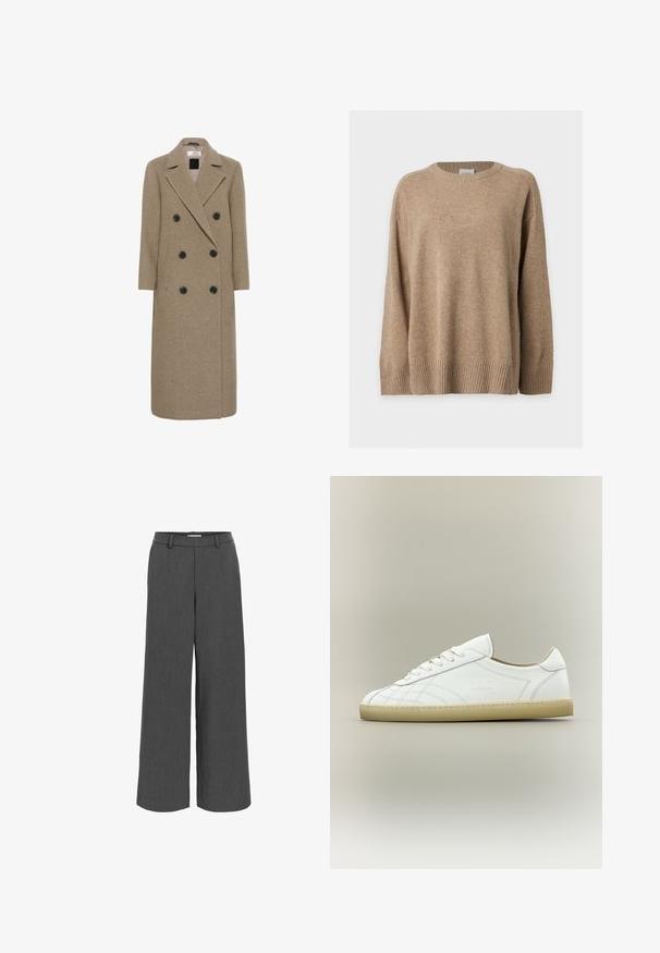 Long manteau en laine beige croisé avec six boutons noirs, larges revers et manches longues sur fond blanc.; Pull en maille beige à manches longues avec poignets, bas et col rond côtelés, présenté à plat sur fond blanc.; Pantalon large gris fabriqué en tissu texturé, avec une ceinture élastique et des poches avant pour un ajustement décontracté.; Baskets basses en cuir blanc avec semelle beige, lacets et motifs cousus subtils sur fond neutre.