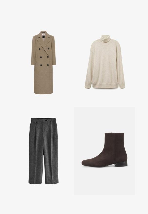 Dobbeltradet frakke i tan uldblanding, med seks sorte knapper, klapkrave og en lang, lige silhuet.; Beige turtleneck sweater lavet af blødt stof, med en afslappet pasform, ribbet hals, manchetter og kant. Enkel, struktureret overflade uden mønstre.; Next REGULAR FIT N PREMIUM WIDE LEG PLEATED - Habitbukser - grey; Mørkebrun ruskind ankelstøvle med lav blokhæl og sidelås, slank rundet tå, på ensartet lys baggrund.