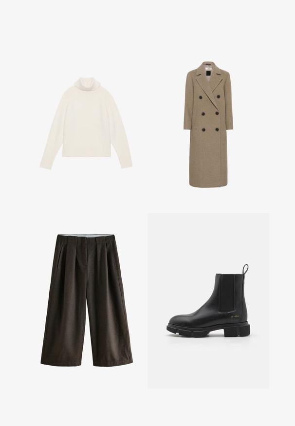 Dobbeltradet frakke i tan uldblanding, med seks sorte knapper, klapkrave og en lang, lige silhuet.; Lyscreme turtleneck sweater med ribbet tekstur, raglanærmer og tætsiddende kant. Blødt materiale og afslappet silhuet.; Vidde bukser i et mørkebrun hættevævsmønster, med foran plisseringer, høj talje og en glat stofoverflade.; Sort læder ankelstøvle med elastiske sidepaneler, kraftig gummisål og kontrast-logo detaljer på hælen. Glat tekstur, rund tå.
