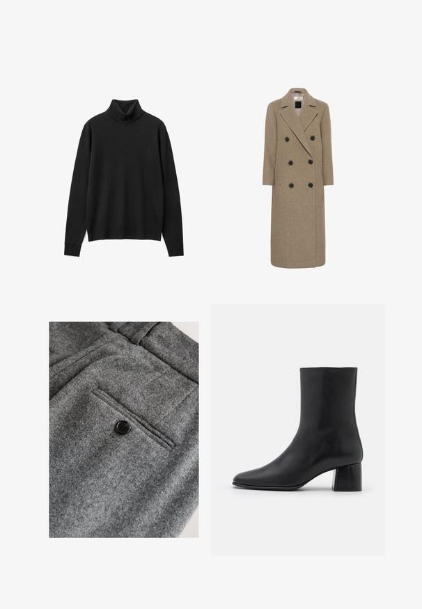 Abrigo cruzado en mezcla de lana color beige, con seis botones negros, solapas con muesca y un perfil largo y recto.; Suéter negro de cuello alto hecho de suave tejido de punto. Presenta mangas largas, un corte relajado y un diseño de cuello alto. Sin patrones ni adornos.; Pantalones de lana gris con frente plano, un bolsillo trasero único con un botón negro y un acabado suave y texturizado.; Botín negro de cuero hasta el tobillo con punta afilada y un tacón cuadrado y grueso. Textura suave con un diseño sin costuras y un estilo minimalista en las costuras.