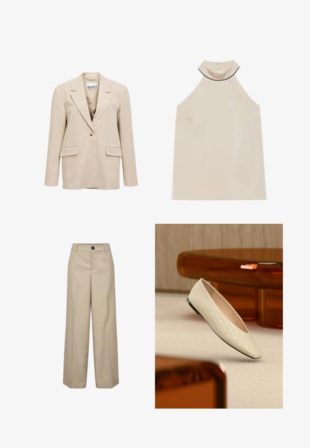 Beige blazer med enkelt knaplukning, notch-krave, to lommer med klap og en brystlomme med åbning, mærket "OBJECT" inde i kraven.; Beige, ærmeløs halterneck-top i glat stof med høj krave og lynlås bagpå, der har et minimalistisk design uden synlige mønstre.; Beige højtaljede bukser med brede ben, en enkelt frontknap, bæltestropper og pressede folder. Glat tekstur og skræddersyet silhuet.; Beige flad sko med geometriske perforeringer svævende over et lyst tæppe i et rum med ravfarvet møbler.