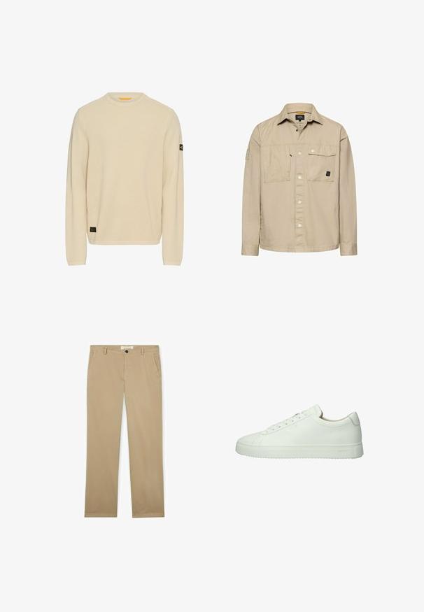 Beige langærmet skjorte med knapper, to brystlommer foran, en klaplomme med trykknapper og en krave.; Lys beige striktrøje med lange ærmer, rund halsudskæring, tekstureret stof og et lille sort logo-patch på venstre ærme.; Beige chinos med lige ben, frontknap og lynlås, bæltestropper og sidelommer, lagt fladt på en hvid baggrund.; Hvide lædersneakers med en glat overflade, lav profil, rund tå og tonede snørebånd. Har en struktureret gummisål.