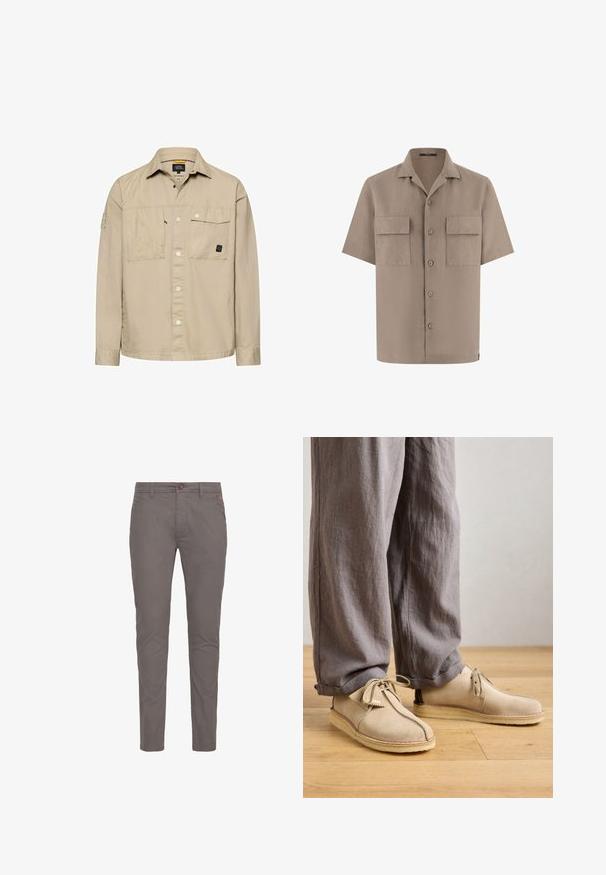 Beige langærmet skjorte med knapper, to brystlommer foran, en klaplomme med trykknapper og en krave.; Beige kortærmet skjorte med knapper, to frontlommer med klap og en spredt krave, vist på hvid baggrund.; Grå bomulds chinos med lige pasform, der har knaplukning, standardlommer og minimalistisk design. Glat tekstur og ingen mønstre.; Beige ruskindssko med rund tå, snørredetaljer og sømme, parret med løse grå linnedbukser på et trægulv.