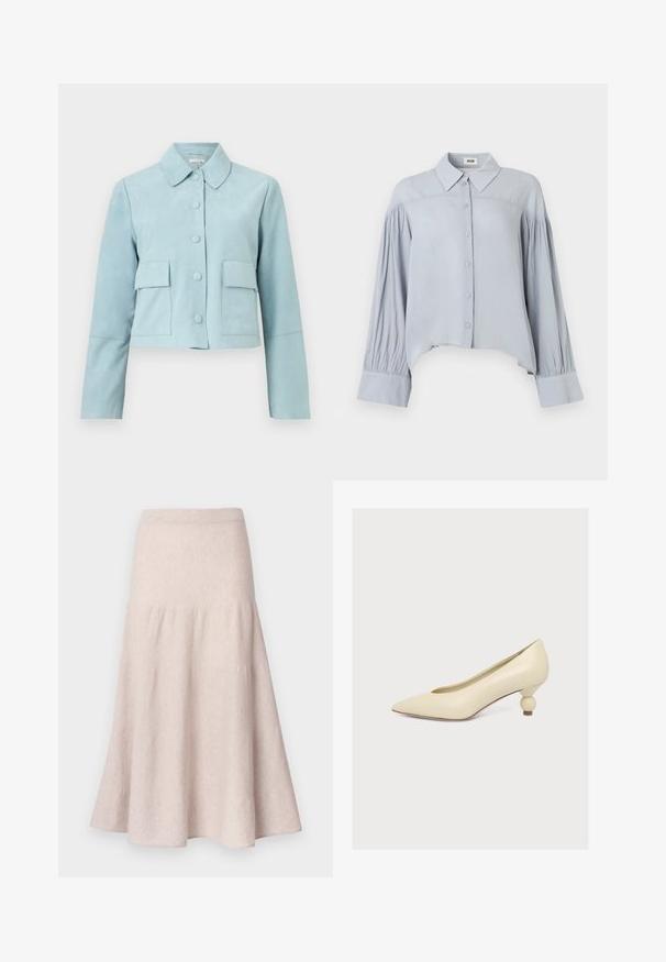 Lichtblauw cropped jasje met lange mouwen, vijf knopen aan de voorkant, twee klepzakken en een puntige kraag.; Lichtblauw overhemd met lange mouwen, knoopsluiting, puntige kraag, geplooide mouwen, brede manchetten en een asymmetrische zoom.; Lichtbeige uitlopende rok van zachte stof, met een hoge taille en een geplooid ontwerp met een vloeiende silhouet.; Crèmekleurige pumps met een puntige neus en een lage, unieke bolvormige hak op een effen witte achtergrond.