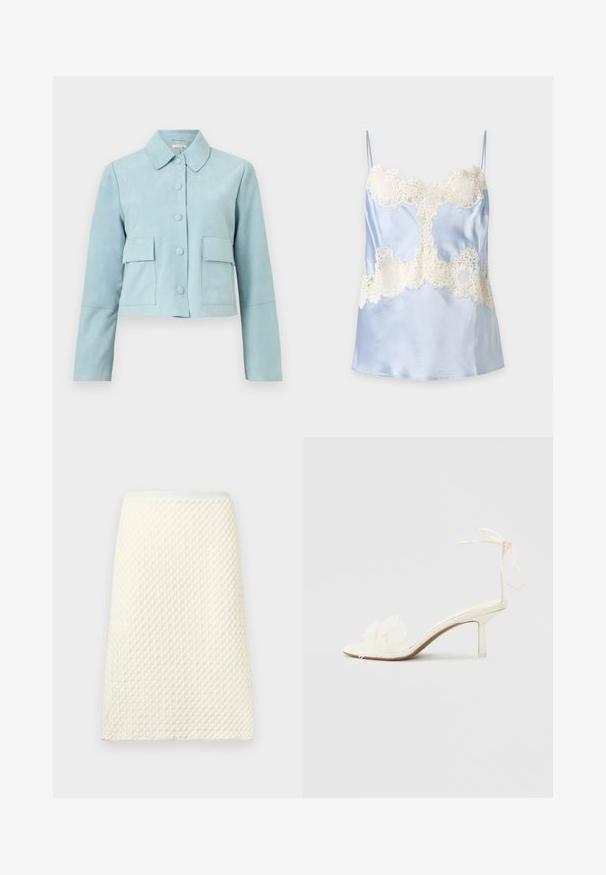 Veste courte bleu clair avec manches longues, cinq boutons devant, deux poches à rabat et un col pointu.; Camisole en satin bleu clair avec détails en dentelle blanche sur la poitrine et la taille, dotée de fines bretelles et d'une finition lisse.; Jupe crayon en maille texturée crème avec une taille haute et un motif festonné subtil.; Sandale blanche à talon haut avec lien à la cheville et détail floral en dentelle à l'avant sur un fond clair uni.