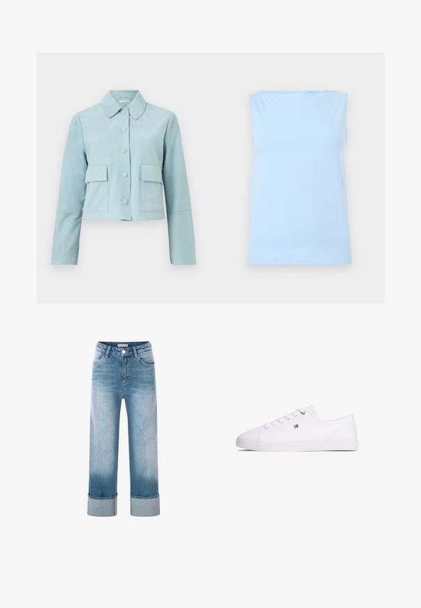 Lichtblauw cropped jasje met lange mouwen, vijf knopen aan de voorkant, twee klepzakken en een puntige kraag.; Lichtblauw mouwloos tanktop met een rechte halslijn, plat weergegeven tegen een neutrale achtergrond.; Lichtblauwe denim jeans met een hoge taille, wijde pijpen en opgerolde boorden. Voorzien van een klassiek vijf-pocket ontwerp en koperen hardwaredetails.; Witte lage sneaker met vetersluiting, klein rood-wit-zwart vlaglogo aan de zijkant en platte rubberen zool.