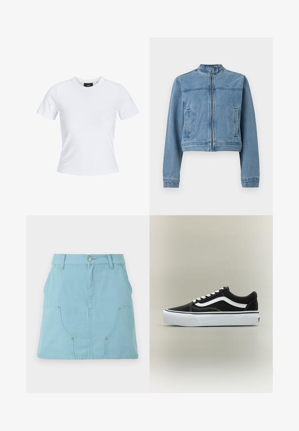 Lyseblå denimjakke med opretstående krave, frontlynlås, sidelommer og lange ærmer.; Hvid tætsiddende t-shirt med korte ærmer, rund halsudskæring og et lille sort mærke indeni kraven.; Lyseblåt A-formet nederdel med forlommer, bæltestropper og knaplukning ved taljen, vist på en hvid baggrund.; Lavtop sort sneaker med hvid side stribe, hvide snørebånd, hvid gummisål og tekstureret tåhætte på neutral baggrund.