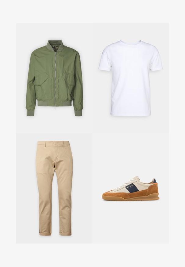 Save the duck MYLES - Blouson Bomber - dusty olive; T-shirt blanc à manches courtes en tissu de coton avec un col rond. Design simple sans motifs ni accents. Texture lisse.; Pantalon beige à jambes droites avec passants pour ceinture, fermeture éclair devant et ourlets retroussés sur un fond uni clair.; PS Paul Smith DOVER - Baskets basses - cognac/off-white