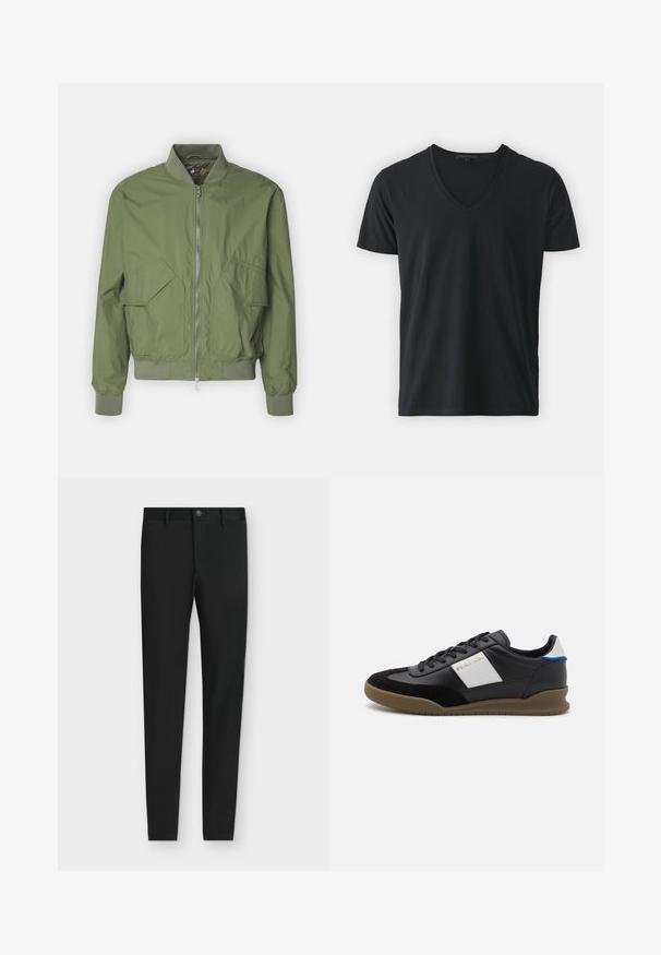 Save the duck MYLES - Chaquetas bomber - dusty olive; Camiseta negra de manga corta, hecha de una tela suave, con un diseño de cuello en V y una textura simple y lisa, sin patrones ni acentos.; Pantalones negros de corte ajustado con trabillas para cinturón, cierre de botón y bolsillos delanteros, mostrados planos sobre un fondo gris claro.; Zapatillas de cuero negro y gamuza con un panel gris, suela de goma marrón y acento azul en el talón. Cuenta con cordones y logotipo en relieve.