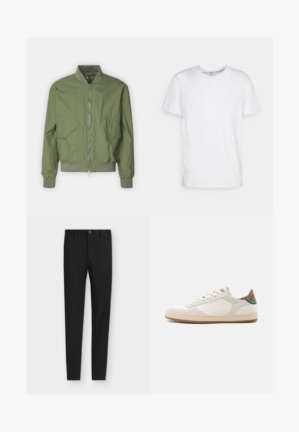 Save the duck MYLES - Blouson Bomber - dusty olive; T-shirt blanc à manches courtes en coton. Il présente un col rond et une coupe décontractée sans motifs ni accents visibles.; Pantalon noir coupe slim avec passants de ceinture, fermeture boutonnée et poches avant, présenté à plat sur un fond gris clair.; Baskets basses blanches avec semelle beige, lacets à l’avant, détail vert et bleu sur le talon, et discret logo doré "Paul Smith" sur le côté.