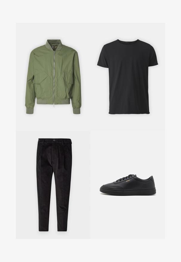 Save the duck MYLES - Bomberjakke - dusty olive; Sort kortærmet t-shirt lavet af blødt bomuld, med en klassisk rund halsudskæring og en glat tekstur, samt en lige pasform.; Sorte fløjl bukser med en tekstureret overflade, der har lige ben, plisseret front og elastisk talje for øget komfort.; Sorte lædersneakers med en glat overflade, rund tå, flad gummisål og tonede snørebånd. Udstyret med guld "BOSS" branding på siden.
