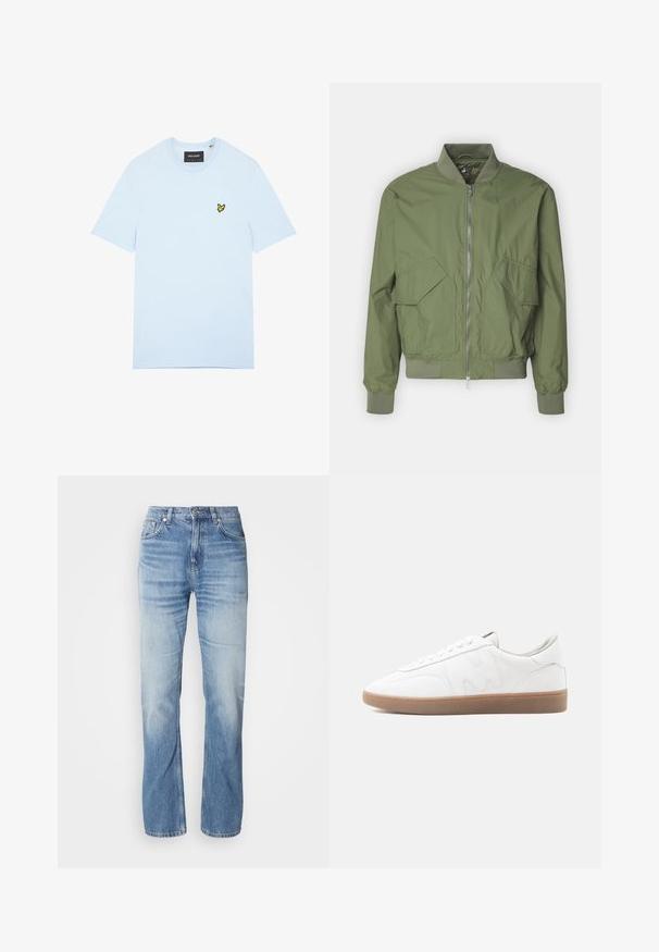 Save the duck MYLES - Bomberjacks - dusty olive; Lichtblauw katoenen T-shirt met een ronde hals, voorzien van een klein geel vogellogo geborduurd op de linkerborst. Korte mouwen, effen kleur.; Lichtblauwe denim jeans met een recht gesneden pijp, vervaagde afwerking, vijf zakken en een knoopsluiting. Klassiek ontwerp en gemiddelde dikte.; Witte lage sneaker met een zool van geschuurd rubber, gestikte overlays en een vetersluiting op een neutrale achtergrond.