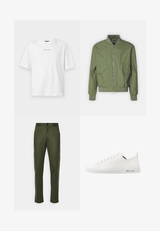 Save the duck MYLES - Chaquetas bomber - dusty olive; Camiseta blanca de manga corta con cuello redondo y pequeño texto rojo "MICHAEL KORS" centrado en el pecho.; Ron Dorff TRACK PANTS WHITE PIPING - Pantalones deportivos - dark oliver green; Zapatilla de cuero blanca con textura suave, puntera redonda y detalle de tira de color contrastante cerca de los cordones. Presenta una suela de goma y un logotipo en el lateral.