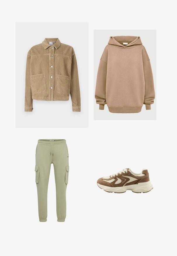 Bruine corduroy jas met een kraag, knopen sluiting, twee voork pocketen en ribbelstructuur.; Tan oversized hoodie van een zachte katoenmix, met een trekkoordcapuchon, ribbelboorden en geborduurd logo op de voorkant. Gladde textuur.; Lichtgroene cargobroeken van zacht stof, met zijzakken, elastische manchetten en een koordje in de taille voor een verstelbare pasvorm.; Bruine en beige sneaker met mesh- en suèdepanelen, witte veters en dikke witte zool op een effen achtergrond.