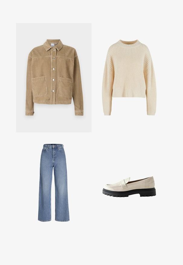 Brun kordfløjljakke med krave, knaplukning, to frontlommer og ribbet tekstur.; Cremefarvet strikket sweater med høj ribbet krave, brede ærmer og et struktureret mønster hele vejen igennem. Kropet design med ribbet kant.; Højtaljede lyseblå cowboybukser med vide ben, foran knap- og lynlåslukning samt fem-lomme-design.; Beige patentlæder loafers med rund tå, kraftig sort gummisål og en syet detalje foran.