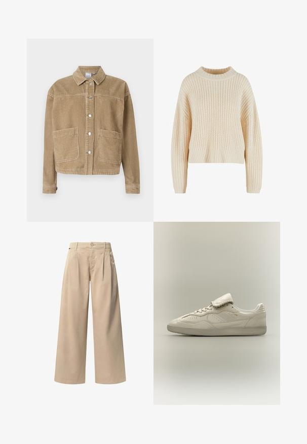 Bruine corduroy jas met een kraag, knopen sluiting, twee voork pocketen en ribbelstructuur.; Crèmekleurige gebreide trui met een hoge geribde kraag, brede mouwen en een textuurpatroon over het gehele kledingstuk. Verkorte stijl met een geribde zoom.; Beige wijde broek met twee voorplooien, een knoopsluiting en een gladde textuur. Ontworpen voor comfort en een losse pasvorm.; Witte lage sneaker met gestructureerde zool, veters aan de voorkant, gevoerde tong en subtiele gouden branding aan de zijkant, getoond op een neutrale achtergrond.