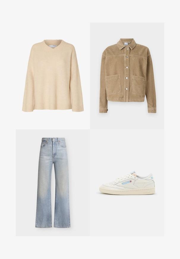 Veste en velours côtelé marron avec un col, réversible à boutons, deux poches avant et texture côtelée.; Pull beige à manches longues avec col en V et col côtelé, en tissu tricoté doux, conçu pour les femmes.; Jean large à taille haute bleu clair avec fermeture à boutons et fermeture éclair à l'avant, poches avant et détails subtils délavés.; Baskets Reebok en cuir blanc cassé avec des accents bleu clair. Présentent une pointe perforée, des lacets plats et une semelle en caoutchouc texturé.
