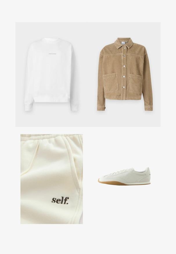 Bruine corduroy jas met een kraag, knopen sluiting, twee voork pocketen en ribbelstructuur.; Witte sweatshirt met een ronde hals en lange mouwen. De voorkant toont een reflecterende logo "PEGADOR" in een minimalistisch ontwerp.; Beige sweatpants met een ontspannen pasvorm, elastische tailleband, zakken en een klein zwart 'self.' logo aan de linkerzijde. Zachte textuur.; Witte lage sneaker met bruine rubberen zool, stikseldetails, veterluiting aan de voorkant en geborduurd logo aan de zijkant.