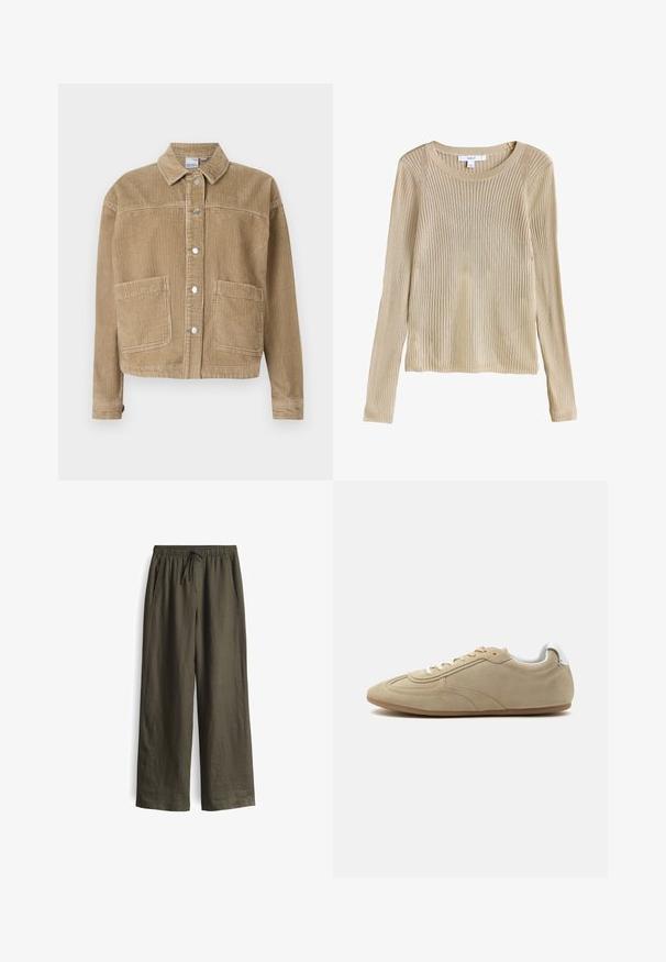 Bruine corduroy jas met een kraag, knopen sluiting, twee voork pocketen en ribbelstructuur.; Beige geribbelde lange mouw gebreide trui met ronde hals en slim fit, plat weergegeven met label zichtbaar bij de kraag.; Olijfgroene, losse broek met een elastische tailleband en trekkoord, voorzien van zijzakken en een lichtgewicht, gestructureerde stof.; Beige suède casual sneaker met witte veters, wit gewatteerde hielkraag en een lichtbruine rubberen zool, zijaanzicht.
