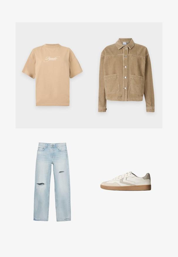 Brun kordfløjljakke med krave, knaplukning, to frontlommer og ribbet tekstur.; Beige bomulds t-shirt med korte ærmer, rund halsudskæring og hvid skråskrift på fronten, der står "Pegador Dreams Come True."; Lyseblå jeans med lige ben og slidte revner på højre lår, venstre knæ og nær bunden af buksebenene.; Hvid sneaker med overdel i tekstureret læder, grå detaljer og sål i gummi. Har lavt snit og traditionel snørelukning.