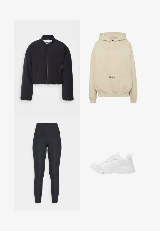 Blouson bomber noir court, tissu lisse, fermeture éclair frontale, deux poches latérales zippées, ourlet côtelé, sans motifs ni ornements visibles.; Sweat à capuche beige avec une poche avant, des poignets côtelés et une capuche à cordon. Texte "PECADOR PGDR" imprimé sur la zone de la poche.; adidas Performance ALL ME SCULPT - Leggings - black; Baskets blanches avec un dessus synthétique respirant, un col rembourré, une semelle texturée et un design incurvé. Présente des accents de couture minimalistes.