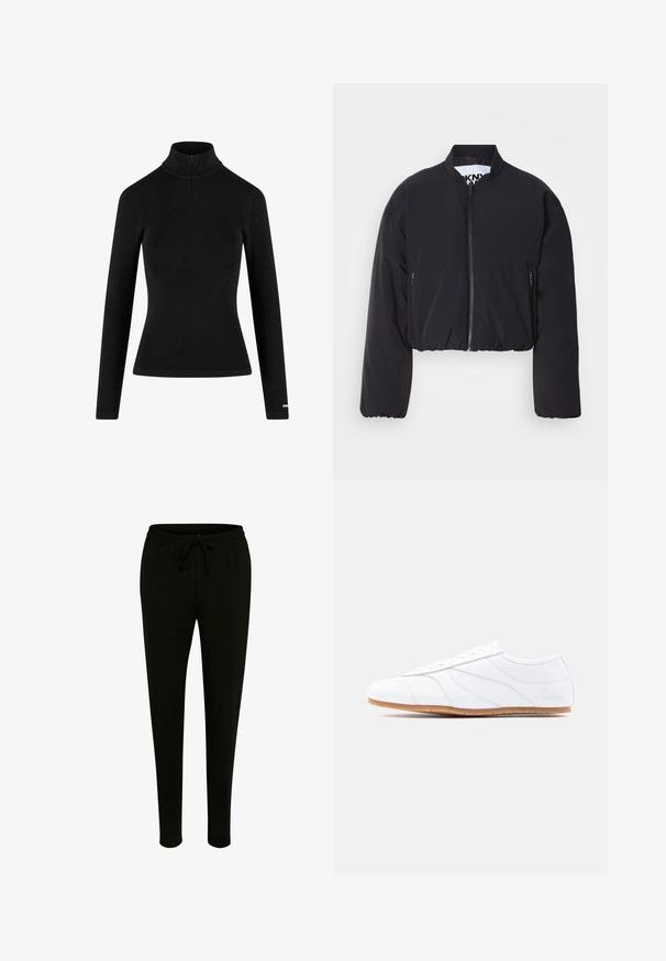 Sort kort bomberjakke i glat stof, med lynlås foran, to sidelommer med lynlås, ribbede kanter og uden synlige mønstre eller pynt.; Sort ribbet langærmet turtleneck med en lynlås i kraven og tætsiddende silhuet, lavet af et blødt, strækbart stof. Minimalistisk design.; Sorte sweatpants lavet af stof, med en elastisk talje med snor, sidelommer og et tapered ben design.; Hvid lavtstående sneaker med snøresystem, glat læderoverdel, diskrete syninger og lysbrun gummisål.