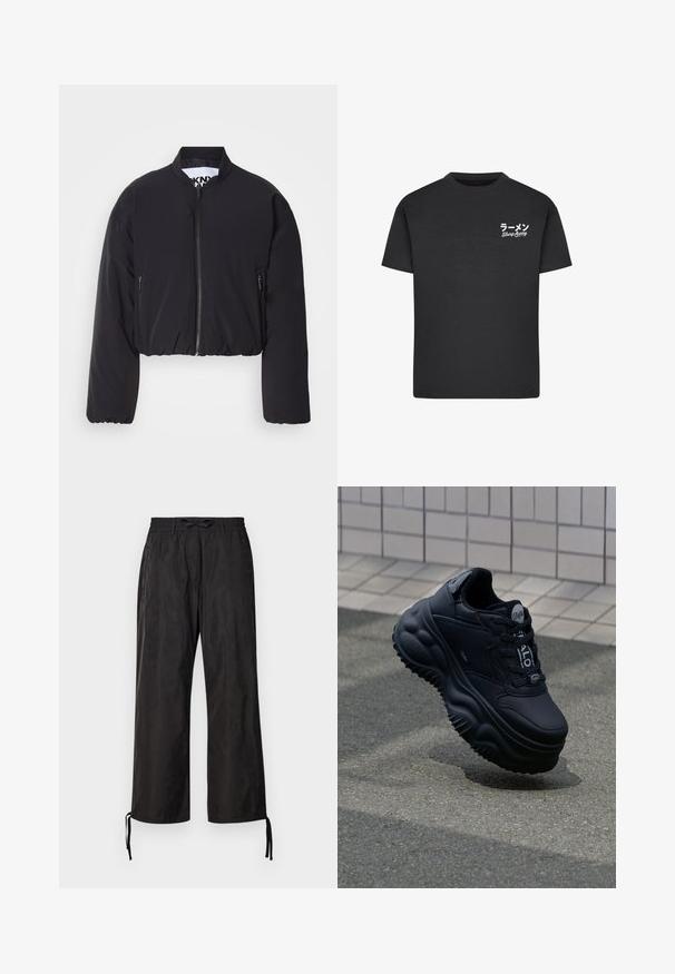 Sort kort bomberjakke i glat stof, med lynlås foran, to sidelommer med lynlås, ribbede kanter og uden synlige mønstre eller pynt.; Sort bomulds T-shirt med rund hals. Har hvid tekst, inklusive japanske tegn og "Slurp Away," på venstre brystområde.; Sorte, løstsiddende bukser med elastisk talje og justerbare snøringer ved anklerne. Glat stof med en subtil glans.; Sorte klodset sneakers med en glat læderoverdel, hævet sål med bølgende mønstre og snørebånd for en sikker pasform. Branding på tungen.