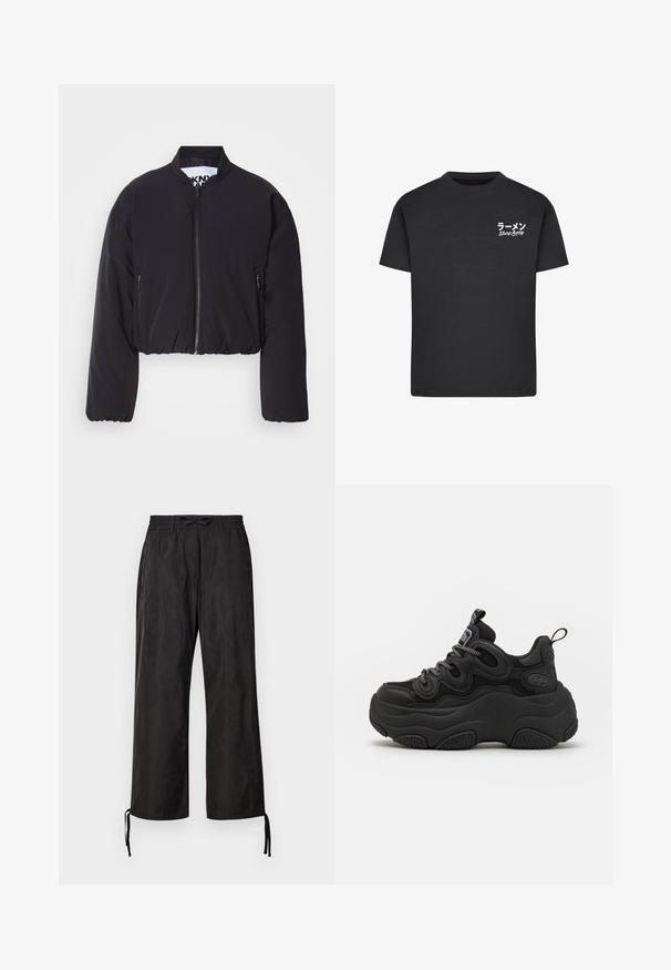 Sort kort bomberjakke i glat stof, med lynlås foran, to sidelommer med lynlås, ribbede kanter og uden synlige mønstre eller pynt.; Sort bomulds T-shirt med rund hals. Har hvid tekst, inklusive japanske tegn og "Slurp Away," på venstre brystområde.; Sorte, løstsiddende bukser med elastisk talje og justerbare snøringer ved anklerne. Glat stof med en subtil glans.; Sorte sneakers med en chunky design, der har en tekstureret overdel, mesh-paneler og tyk gummisål. Reflekterende snørebånd og branddetaljer er synlige.