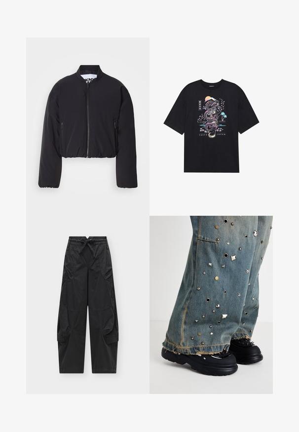Chaqueta bomber negra corta, de tela lisa, cierre frontal con cremallera, dos bolsillos laterales con cremallera, dobladillo acanalado y sin patrones ni adornos visibles.; Camiseta negra con un gráfico colorido de un dragón, flores de cerezo, sol y montaña. El texto dice "Tokio Japón" debajo del diseño.; Pantalones cargo negros con cintura elástica con cordón, múltiples bolsillos delanteros y laterales, y piernas rectas y holgadas sobre un fondo liso.; Pantalones de mezclilla acampanados con tachuelas metálicas y ojales. Dobladillo deshilachado y bolsillos visibles. Llevados con zapatos negros de suela gruesa que presentan picos.