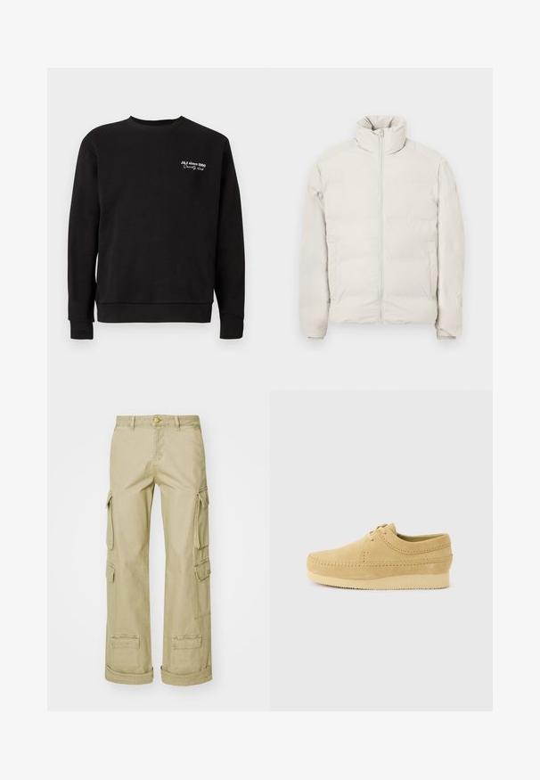 Puffjakke i lys beige, med høj krave, fuld frontlynlås og sidelommer. Stoffet fremstår glat med en polstret tekstur.; Sort sweatshirt med rund hals, ribbede manchetter og kant. Har hvid broderet tekst, der læser "J&J siden 1990 Society Club."; Beige cargobukser lavet af holdbart stof, med flere sidelommer, knaplukning og en afslappet pasform.; Beige ruskind fritidssko med mokassinsyning, snøredesign og tyk gummisål, vist fra siden på en lys baggrund.