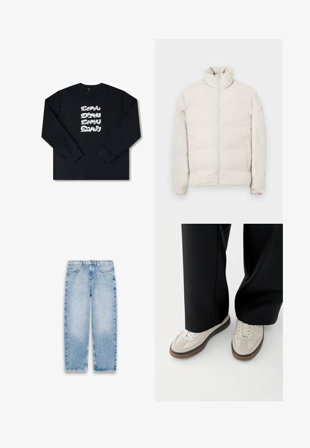 Puffjakke i lys beige, med høj krave, fuld frontlynlås og sidelommer. Stoffet fremstår glat med en polstret tekstur.; Sort sweatshirt med lange ærmer, der har et hvidt gentaget grafisk logo i stiliseret skrifttype på forsiden. Fremstillet af blødt stof.; Lyseblå denimjeans med lige ben, fem lommer, bæltestropper og lukning med knap og lynlås foran på hvid baggrund.; Fødder iført beige sneakers med brune såler og sorte bukser med vide ben på hvid baggrund.